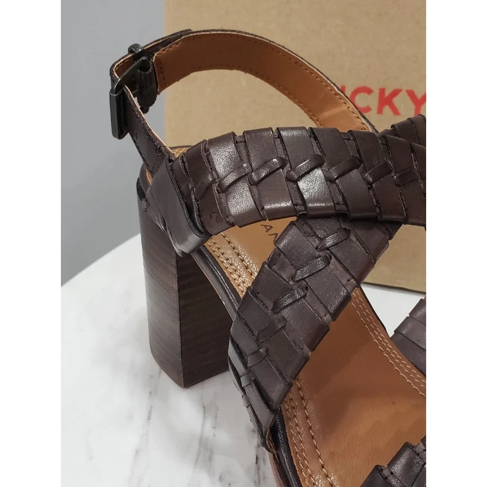 NEW SZ 10 Lucky Brand Shoes DARK Brown Leather Block Heel Sandals Dabene‎ chunky